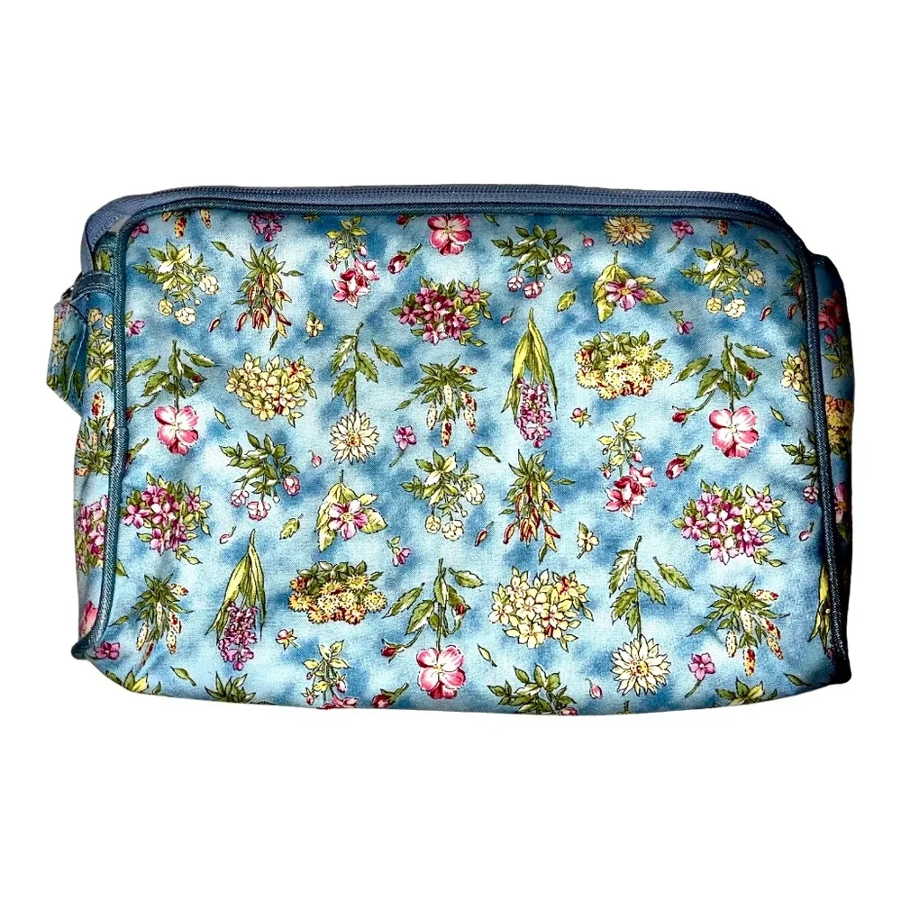 Allegro Pacific Floral Cosmetic Bag Blue Pink Yellow Green Zipper Pre-owned